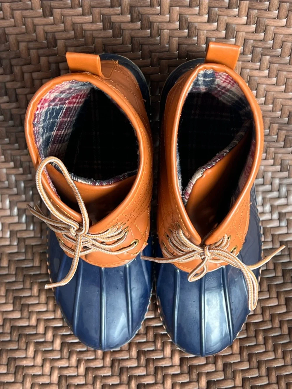 Quilted Winter Rubber Duck Boots Navy Tan Waterproof Flannel Lined Insulated 10
